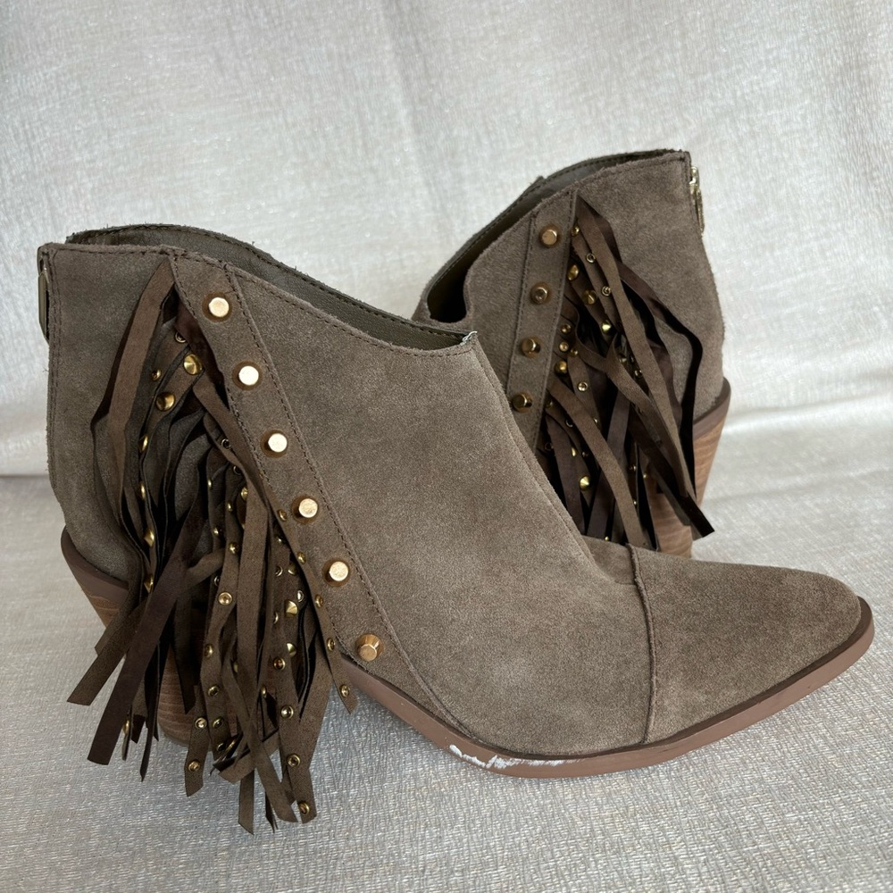 Fergie Bennie studded fringe ankle boots in taupe